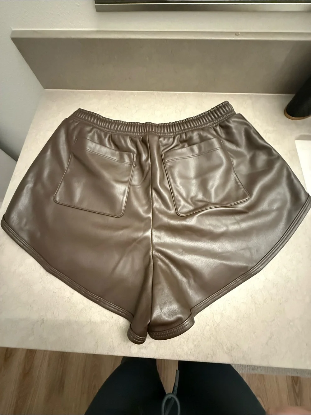 ALO Yoga Brown Faux Leather Athletic Shorts with Elastic Waist- never worn